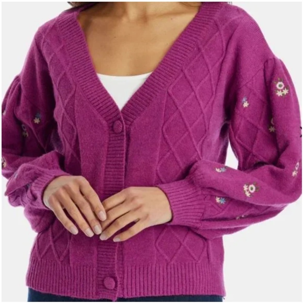 Fate Cable Knit Floral Embroidered Cardigan Puff Sleeves Cottagecore Berry S